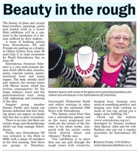 Caption: Barbara Spavin with some of the glass and crystal bead jewellery she makes that will feature in the Scleroderma NZ exhibition.